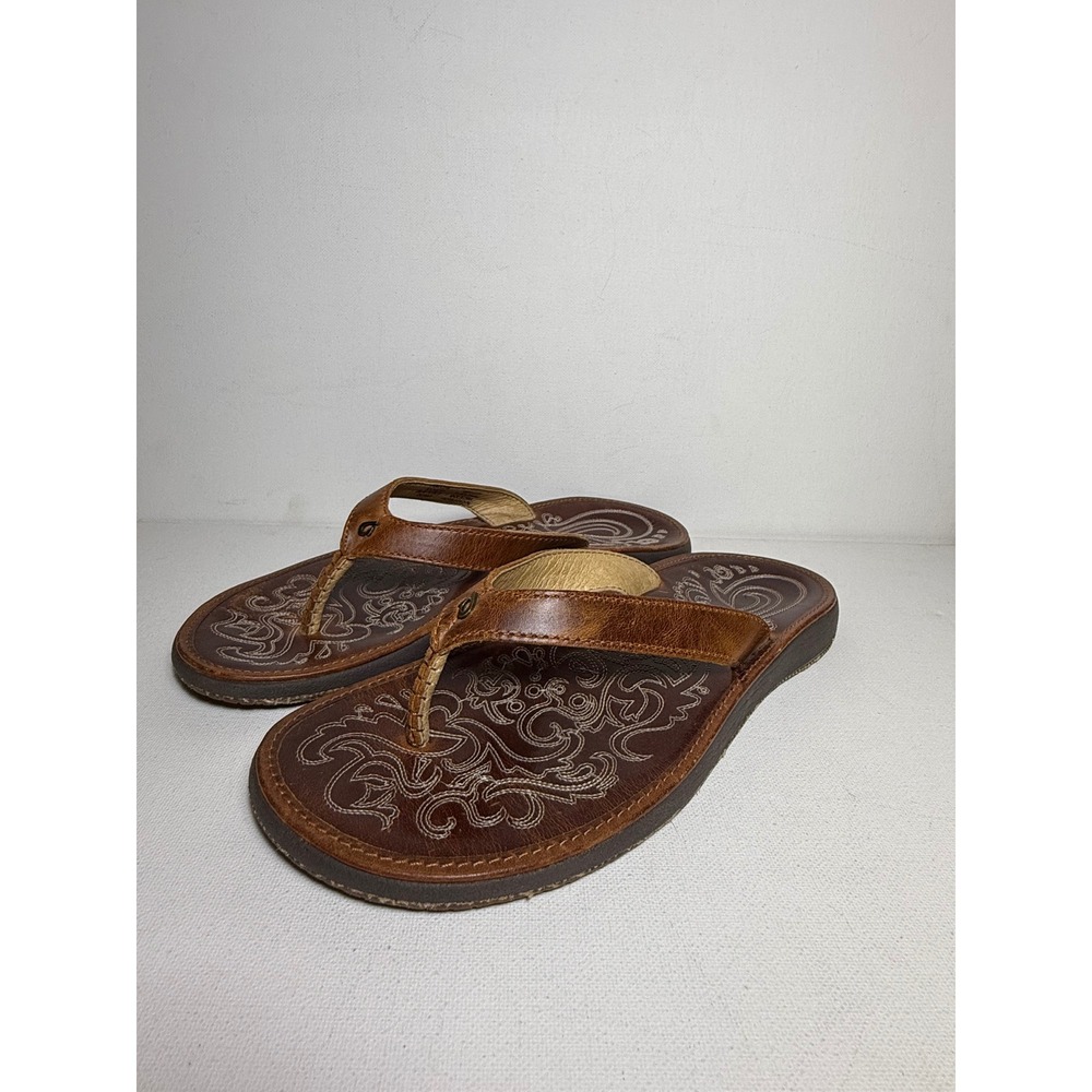 Olukai Paniolo Brown Leather Stitch Detail Flip Flop Sandals Womens 7 20129-8787